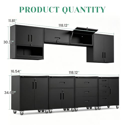 Image of 8-Piece Heavy Duty Steel Garage Cabinet System | All-in-One Modular Garage Cabinet Set for Ultimate Workshop Organization | Easy Assembly Garage Storage Cabinets & Tool Bench (Black)