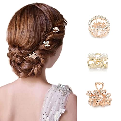 Bartosi 3Pcs Mini Hair Claw Clips Pearls Crystal Mini Claw Clip Fashion Mini Jaw Clip Decorative Hair Clip Cute Hair Barrettes Hair Accessories for Women and Girls