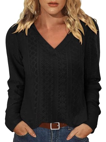 KISSMODA Long Sleeve Fall Shirts For Women V Neck Tunic Tops Embroidered Button Down Knitted Blouses 2025
