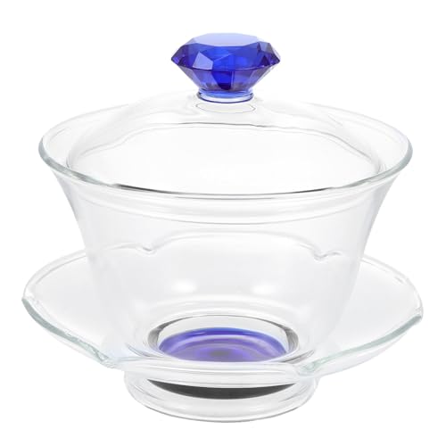 POPETPOP Taza de Té Diseño Elegante de Vidrio Transparente Azul Tipo Sopera y Resistente al Calor para Bodas y Aniversarios