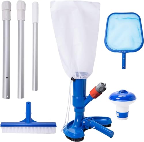 PoolyPoly Kit de Mantenimiento de Piscina 5 Piezas, Cabezal de Aspiradora, Dispensador de Cloro, Cepillo, Red, Perca Telescópica de Piscina, Set de Limpieza para Piscina, SPA, Jaccuzi, Azul