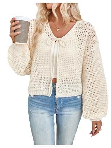 Image of MakeMeChic Women's Crochet Lightweight Cardigan Sweaters Tie Front Hollow Out Knitted Long Sleeve Cardigan Apricot X-Large