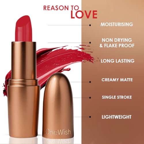 Image of One Wish Creamy Matte Lipstick Long Lasting for Women - Baddie Red Shade 17 | Full Coverage | Creamy Formula | No Flaky Lips | No Dryness| High-Pigment | SPF | Vitamin E, Almond Oil & Shea Butter for Moisturising Lip | 8 Hrs Lasting | Smooth Finish | 3.8 gm