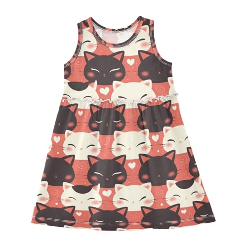 KLL Black Cat White Cute Cartoon Toddler Girls Tank Dresses Swing Beach Sundress Summer Crew Neck