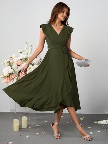 Image of Womens Summer Midi Dress V Neck Ruffle Sleeve A Line Flowy Beach Party Cockatil Formal Dresses for Weddding Guest