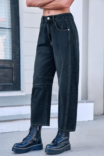 Mid Rise Barrel Jeans for Women Mid Waist Wide Leg Cropped Denim Pants Y2k Baggy Boyfriend Jeans with Pockets3