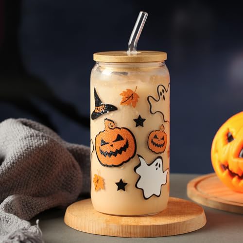 KMCCUMBER Halloween Pumpkin Ghost Glass Cup with Lid Straw Gifts for Women - image 3