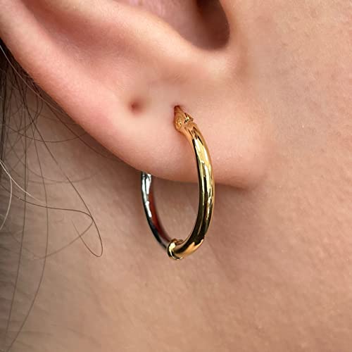 Italian 14k Yellow & White Gold Polished Small Thin Hollow Hoop Earrings4