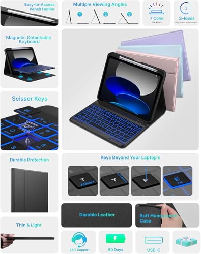 Image of typecase Folio Keyboard Case for iPad A16 (11th) & iPad 10th Gen 10.9 inch (2022), Magnetic Wireless Detachable Keyboard, 7-Color Premium Backlight, Thin & Light, Pencil Holder-Black