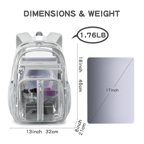 Image of Grey Big Clear Backpack Heavy Duty For Men Lady,18in XL TPU Bookbag 15Age+ | See Through Stitch durable plastic Multi-Pocket Design For School Adults work Warehouses Airport security,check events