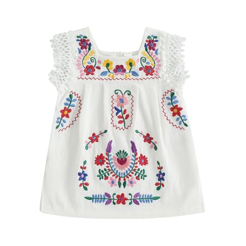 Image of Toddler Baby Girls Mexican Dress Traditional Embroidered Floral Cinco De Mayo Outfit Summer Folklorico Fiesta Dress