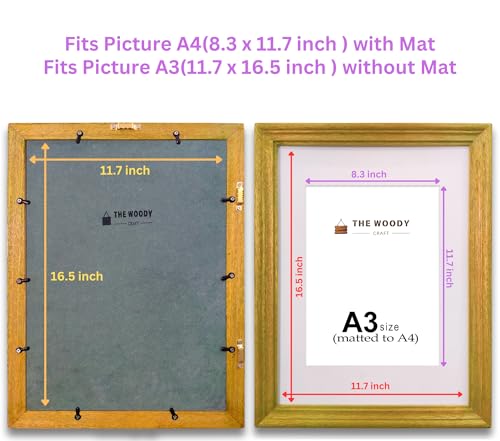 Image of A4 Size Wooden Photo Frame with Mat,Yellow Photo Frame for Wall Decoration, Home Decor for Wall Hanging, Best Wooden Photo Frame for Posters and Photos (A3 Size Matted to A4 Size)