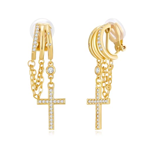 14K Gold Plated Crystal Cross Clip On Earrings for Women - Non Piercing Triple Huggie Dangle Chain Hoops Earrings, Punk Chunky Christianity Statement Cross Earrings | Hypoallergenic Fashion Jewelry Gift