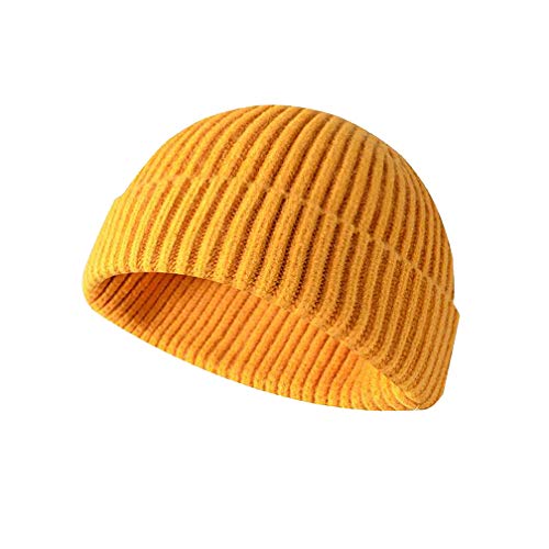 Y&J Winter Knit Cuff Beanie Cap Trawler Beanie Hat Short Fisherman Skull Cap Wool Beanie for Men Women. (One Size fit Most, Yellow)