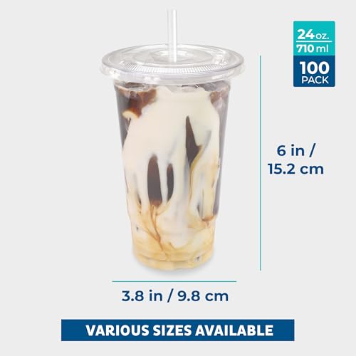 Image of Freshware Clear Plastic Cups with Flat Lids and Straws [100 Cups - 24 oz] Disposable Tumblers for Iced Coffee, Smoothie, Milkshake, Cold Drinks