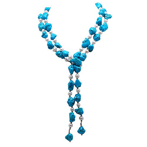 Long Turquoise Necklace Blue Baroque Crack Turquoise Jewelry for Women with White Pearl Gemstone Necklace 53