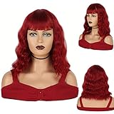 Parrucca Bob Ondulata Rossa da 14" con Frangia Parrucche Corte rosso vino per Donne ragazze Parrucche Cosplay Sintetiche Lunghe fino Spalle
