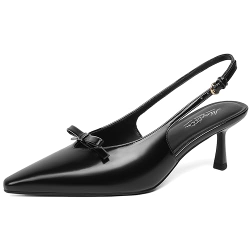 Image of Mostrin Kitten Heels for Women Pointed Toe Pumps Patent Leather Low Heel Slingback Heels with Buckle Dress Shoes for Dating Party Working