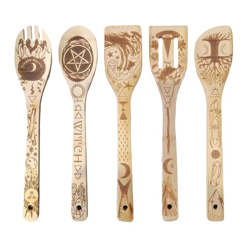5 PCS Witchy Wooden Spoons for Cooking Witchy Gifts for Women Witch Themed Gift Wooden Kitchen Utensils for Gothic Home Decor Halloween Housewarming Wedding Gifts 30.3 cm / 12 Inch