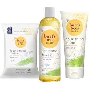 Burt’s Bees Baby Gift Set for Baby Showers, Includes Baby Essentials, Shampoo and Wash with Lavender, Body Lotion, Wipes and Cloths, Naturally-Derived Origin Skincare, 3 Count