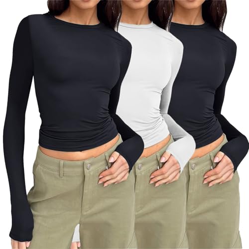 NAJZYBA 3 Pezzi Maglia Maniche Lunghe Donna Magliette T-Shirt Donna Y2K Manica Lunga Crop Top NAJZYBA 3 Pezzi Maglia Maniche Lunghe Donna Magliette T-Shirt Donna Y2K Manica Lunga Crop Top