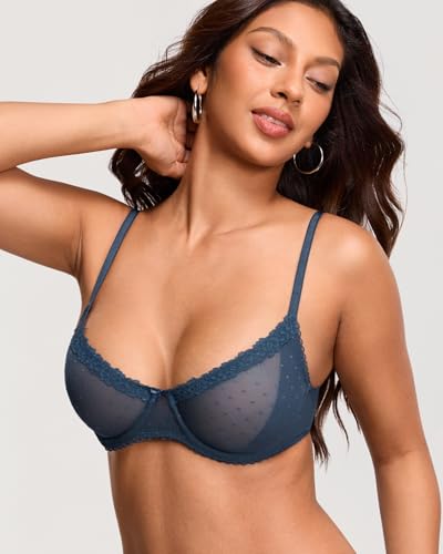 Image of DOBREVA Women's Sheer Mesh Demi Bra Underwire Balconette | Dotted Mesh, Lace Trim, See Through, Plus Size, Smooth, Soft