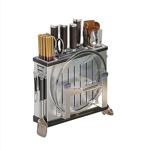 包丁スタンド 刀架 包丁ケース まな板 包丁まな板 スタンド 包丁立て収納 包丁差し 壁掛け可能 鍋蓋スタンド お箸立て付き ナイフ/フォーク/スプーン/お箸収納 水受けトレー 省スペース (シルバー,B)