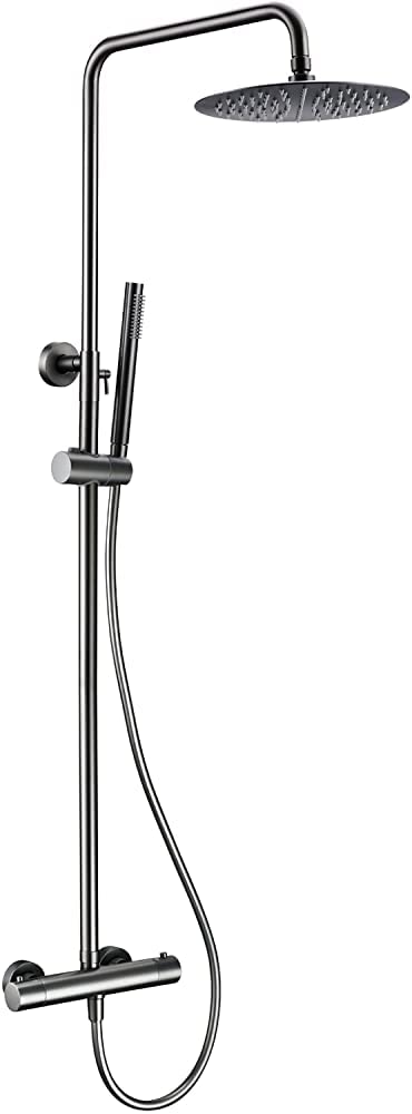 OZBMA Thermostatic Shower Mixer Set, Multi-Function Wall Mount Exposed Column Bathroom Faucet with Diverter Rain Head, Solid Brass suit Set Head and Ho (Gun Gray 12 inch)
