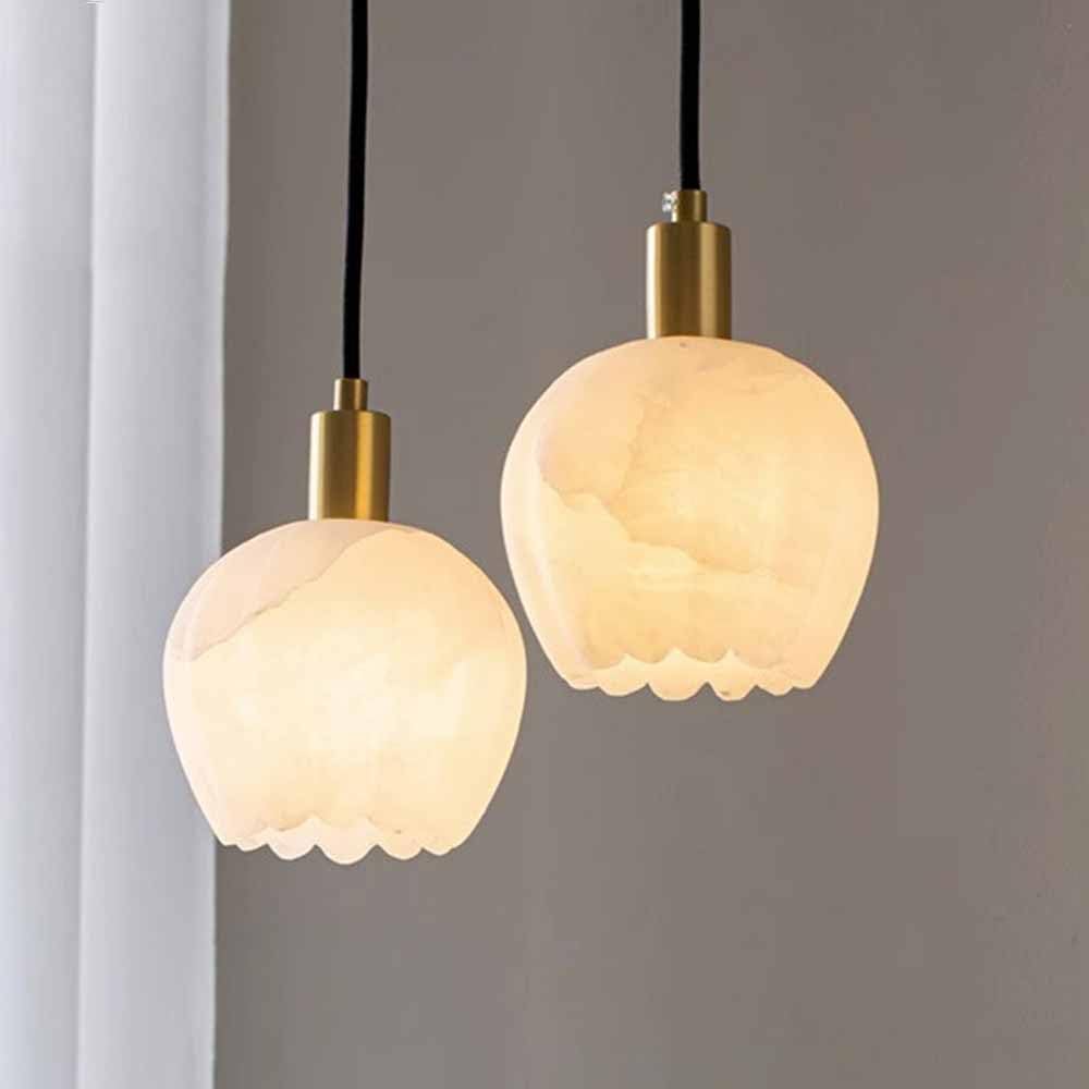 KBUUKYYXouy Natural Marble Pendant Light Alabaster Hanging with Flower Design Adjustable Height Drop Brass Stone Suspension Lamp for Kitchen Island Living Room Bathroom Bedroom