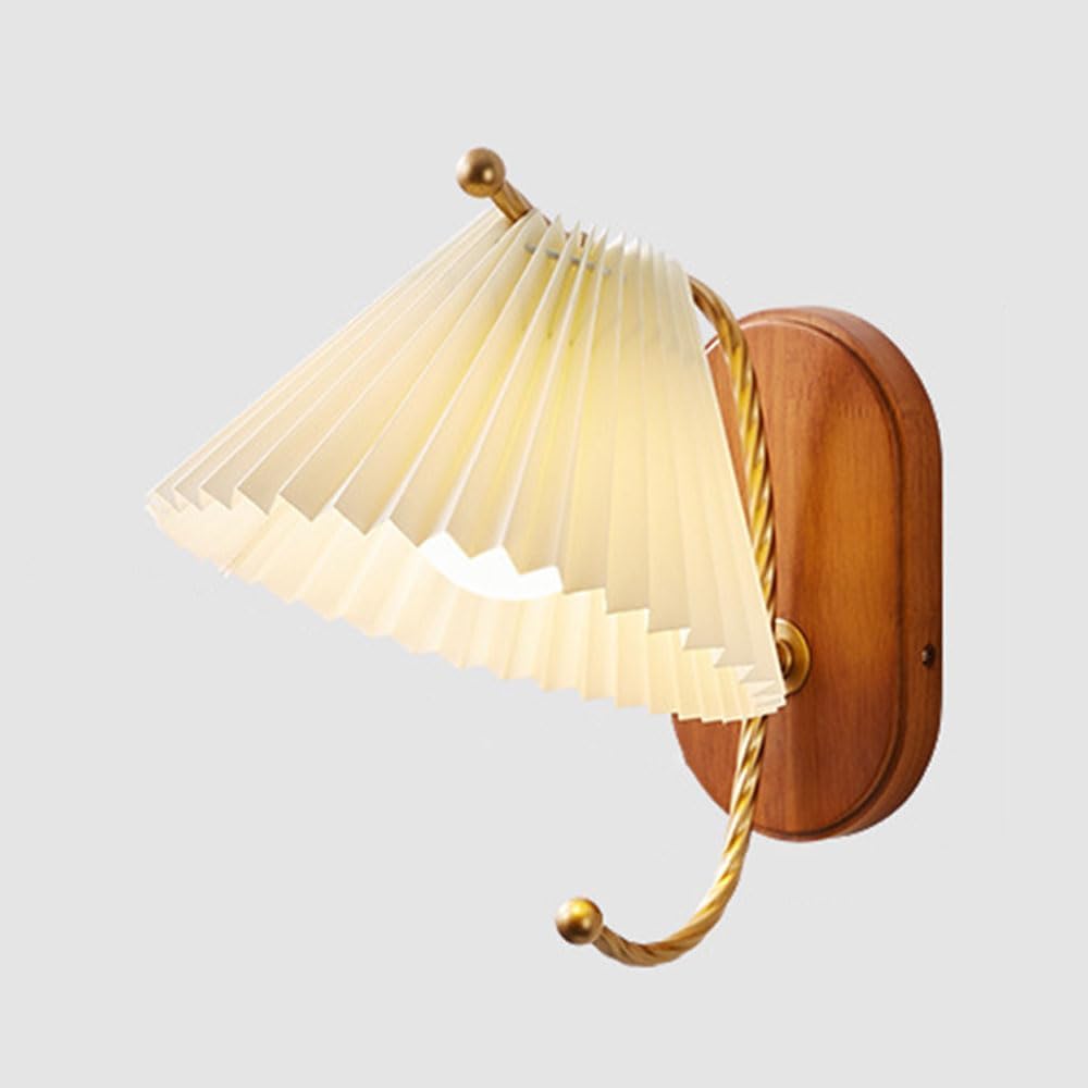 Affittuario amichevole paralume in tessuto plissettato vintage braccio dritto lampada da parete a 1 luce applique da parete in rame con filo metallico lampada da comodino in legno