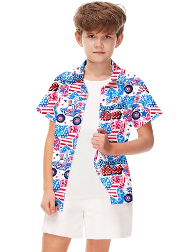 Image of Remimi Unisex Kids 4th of July Button Up Shirt Boys American Flag Print Hawaiian Beach Short Sleeve Tops 5-14 Years