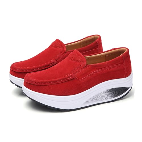 Image of Aceptolcom Women's Red Suede Platform Wedge Loafers, Casual Comfort Good Arch Support Slip On Shoes, Size 4.5-9.5