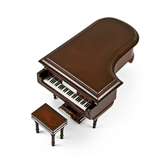 Piano Music Box with Jewelry Compartment - Sophisticated 18 Note Miniature Musical Hi-Gloss Brown Grand Piano with Bench - Many Songs to Choose - Beautiful Dreamer