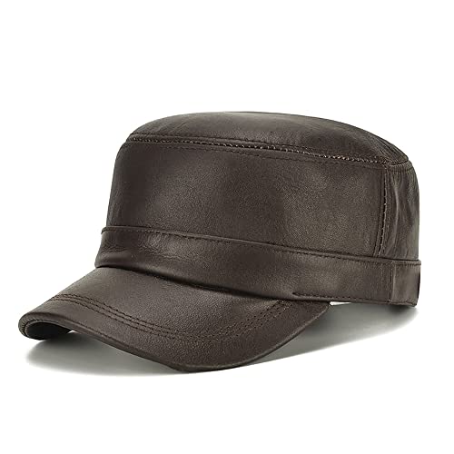 Herren Vintage Leder Militär Kappe Flat Top Winter Warm Male Cadet Army Caps Einfarbig für kaltes Wetter, 23-Kaffee, Einheitsgröße Cover