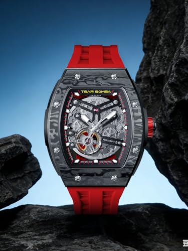 Image of TSAR BOMBA Men's Automatic Watch Tonneau Luxury Skeleton Watches for Men Mechanical 50M Waterproof Analogue Watches Mens Unique Cool Square Big Face Dial Wristwatch with Silicone Strap Band