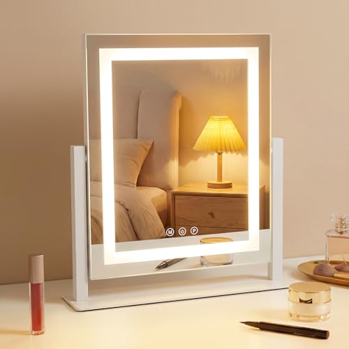 Mursche Espejo de maquillaje con iluminación Hollywood Espejo – 25 × 30 cm LED Vanity Mirror pequeño espejo cosmético con luz espejo de mesa 3 modos espejo tocador táctil regulable