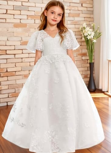 Lace First Communion Dress Ruffle Sleeves Flower Girl Dresses for Wedding Girls Pageant Ball Gown4