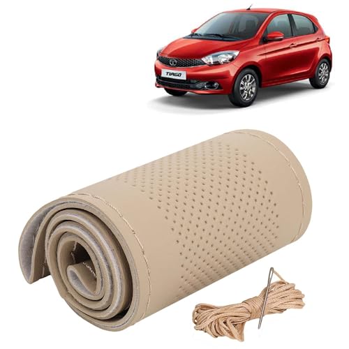 Image of KINGSWAY PU Leatherite Car Steering Cover Sewable Compatible with Tata Tiago (Year 2016-2020), Beige Color with Beige Thread, Pack of 1 with Sewing Needle and Thread