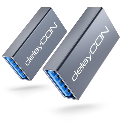 deleyCON USB 3.0 Adapter Kupplung (2 Stück) Aus Aluminium 5Gbps Verbindung Koppler Verlängerung - A-Buchse zu A-Buchse - 2 USB Kabel Verbinden - Verlängern