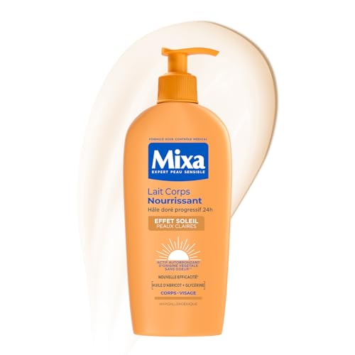 MIXA - Lait Corps Nourrissant Effet Soleil - Hâle Doré Progressif & Nutrition 24H - Beurre de Karité & Huile d’Abricot - Peaux Claires - 250ml