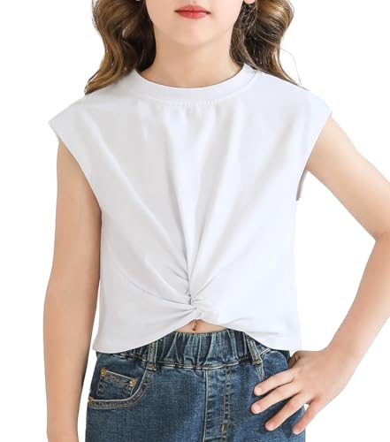 Image of Girls Twist Front Tunic T-Shirt Cute Short Sleeve Tees Summer Blouse for Girls 5-14 Years White