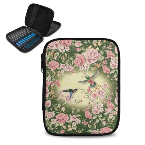 Wiryuouvt Hummingbird Crochet Hook Organizer Pink Flower Cute Interchangeable Knitting Needle Case Portable Needle Case Crochet Hook Holder Organizer Knitting Needle Case