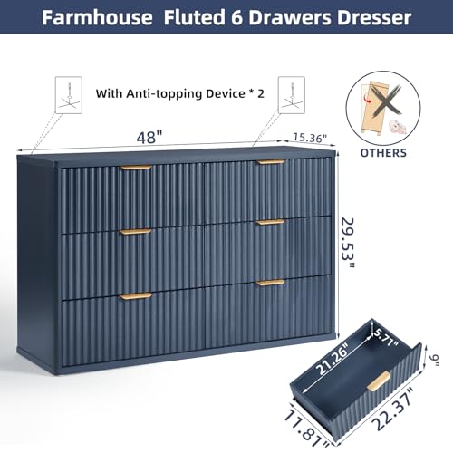 LEYAOYAO Fluted 6 Drawers Dresser for Bedroom, 48" Wide Modern Chest of Drawers with Metal Handle, Navy Blue Curved Profile Farmhouse Closet Organizer Wood Dressers TV Stand for Living Room, Hallway