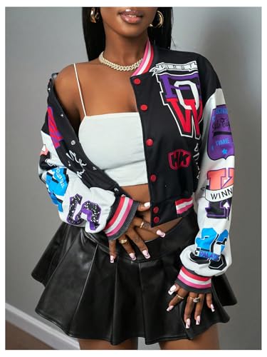 WDIRARA Women's Graphic Button Down Cropped Jacket Baseball Bomber Jacket Streetwear2