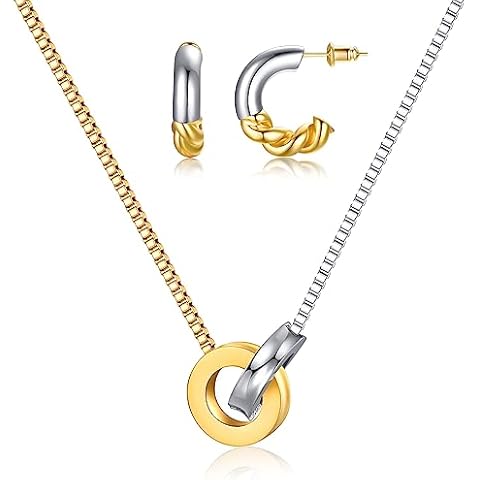 NUZON 2 Tone Interlocking Necklace and Twisted Hoop Earrings Sets Cover