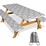 SiorVeol Picnic Table Cover with Bench Covers Camping Essentials Reusable Waterproof Windproof Camping Tablecloth Fitted Rectangle Tables and Seats, 72in, Vintage Gray Floral