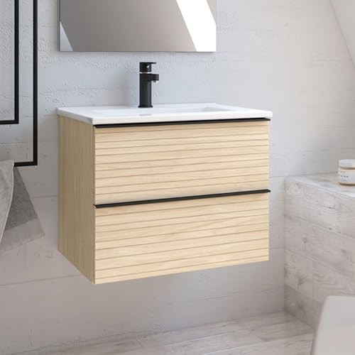  Mobile bagno sospeso 80 cm con 2 cassettoni colore rovere chiaro effetto cannettato - Elius
