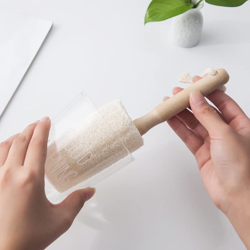 Image of 2Pcs 8.46 Inches Loofah Cup Brush with Wooden Handle Home Kitchen Bottle Cup Bowl Pot Cleaning Brush Scrubber for Water Bottles, Glasswares, Mugs, Dishes