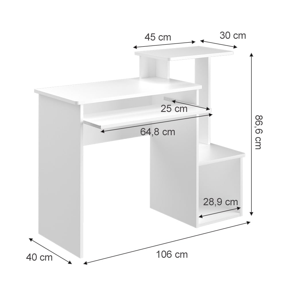 Vicco Bureau Karl, Blanc, 106x40cm | avec compartiments ouverts et plateau clavier coulissant