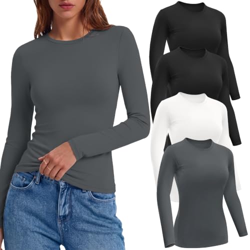 Ekouaer 4 Pack Long Sleeve Thermal Shirts for Women Light Fleece Basic Tops
